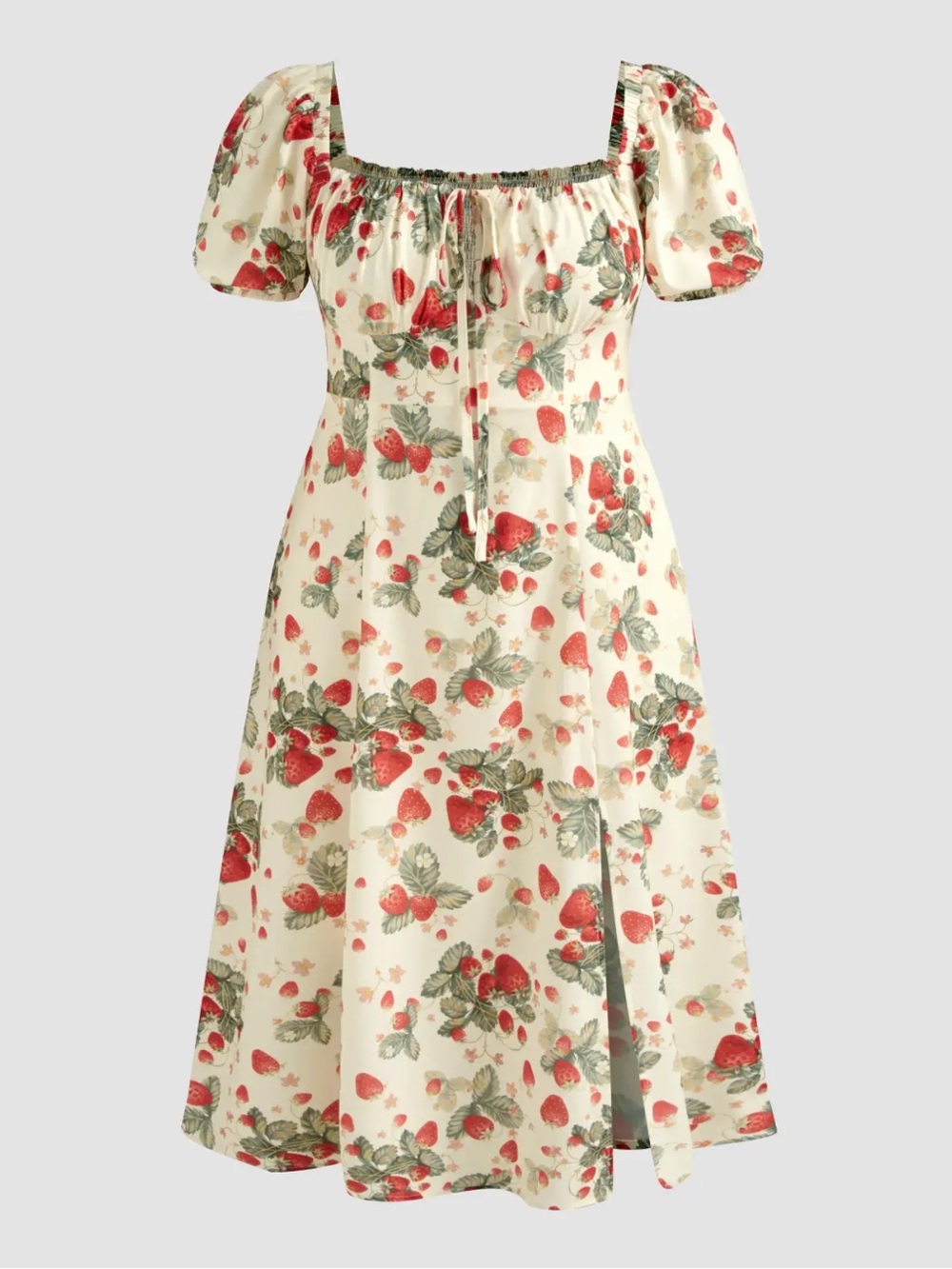 Cider Cream & Red Strawberry Print Puff Sleeve Midi Dress